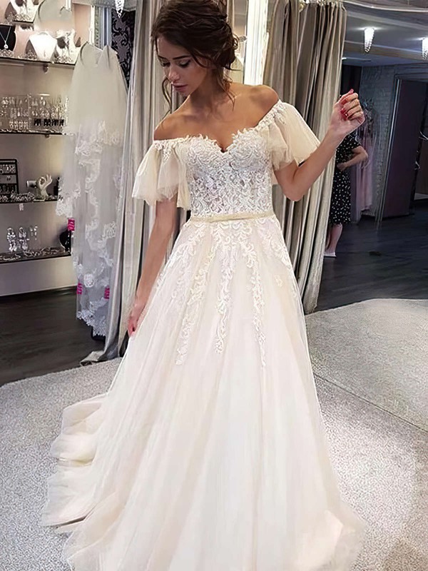 Princess Off-the-shoulder Sweep Train Tulle Appliques Lace Wedding Dresses #PDS00023678