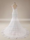 Inexpensive Scalloped Neck White Lace Draped Trumpet/Mermaid Wedding Dress #PDS00020625