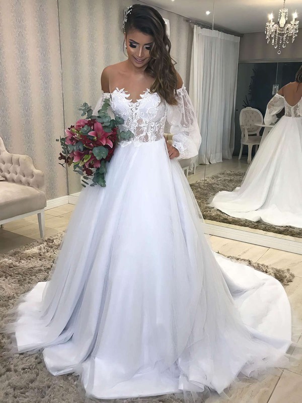 Ball Gown Off-the-shoulder Sweep Train Tulle Appliques Lace Wedding Dresses #PDS00023687