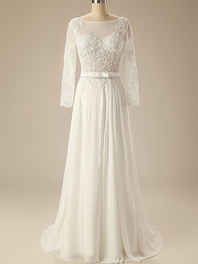 Modest Long Sleeve Sweep Train Appliques Lace Ivory Chiffon Scoop Neck Wedding Dress #PDS00020626