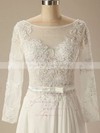 Modest Long Sleeve Sweep Train Appliques Lace Ivory Chiffon Scoop Neck Wedding Dress #PDS00020626
