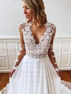 A-line V-neck Court Train Chiffon Appliques Lace Wedding Dresses #PDS00023691