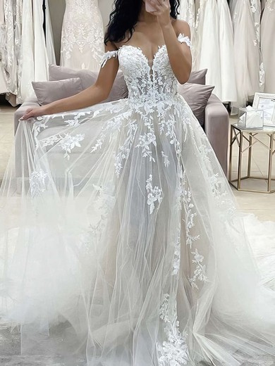A-line Off-the-shoulder Sweep Train Tulle Appliques Lace Wedding Dresses #PDS00023695