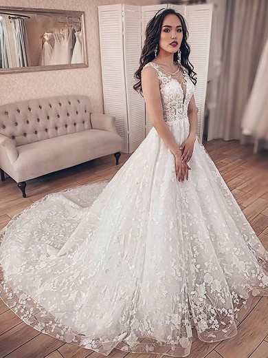 Ball Gown Scoop Neck Court Train Lace Beading Wedding Dresses #PDS00023698