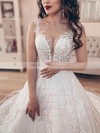 Ball Gown Scoop Neck Court Train Lace Beading Wedding Dresses #PDS00023698