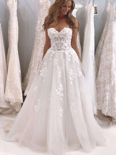 Princess Sweetheart Sweep Train Tulle Appliques Lace Wedding Dresses #PDS00023699