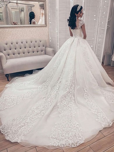 Ball Gown Scoop Neck Court Train Tulle Appliques Lace Wedding Dresses #PDS00023702
