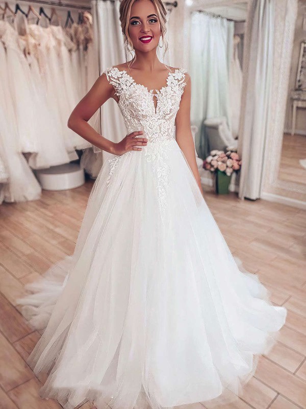 Princess Scoop Neck Sweep Train Tulle Appliques Lace Wedding Dresses #PDS00023709