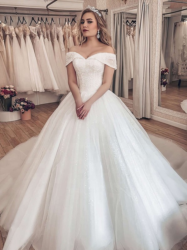 Ball Gown Off-the-shoulder Court Train Tulle Sequins Wedding Dresses #PDS00023712