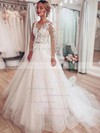 Ball Gown Scoop Neck Sweep Train Tulle Appliques Lace Wedding Dresses #PDS00023714