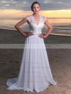 A-line V-neck Sweep Train Lace Chiffon Sashes / Ribbons Wedding Dresses #PDS00023715