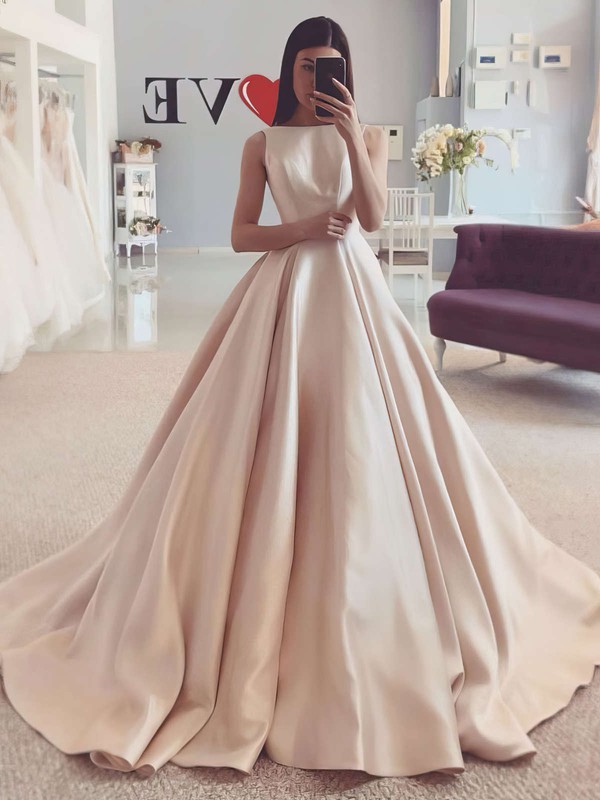 Ball Gown Square Neckline Sweep Train Satin Wedding Dresses #PDS00023716