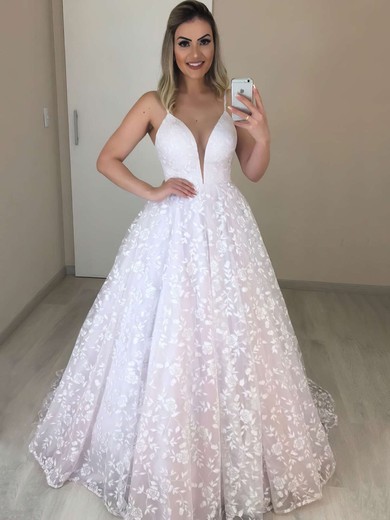 Ball Gown V-neck Sweep Train Lace Wedding Dresses #PDS00023719