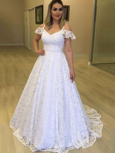 Princess V-neck Sweep Train Lace Wedding Dresses #PDS00023720