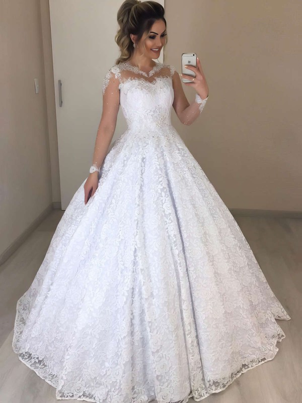 Ball Gown Scoop Neck Floor-length Lace Beading Wedding Dresses #PDS00023721