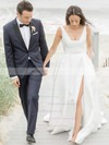 A-line V-neck Sweep Train Satin Sashes / Ribbons Wedding Dresses #PDS00023728