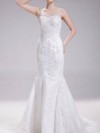 Scoop Neck Backless Tulle Appliques Lace Trumpet/Mermaid White Wedding Dress #PDS00020630