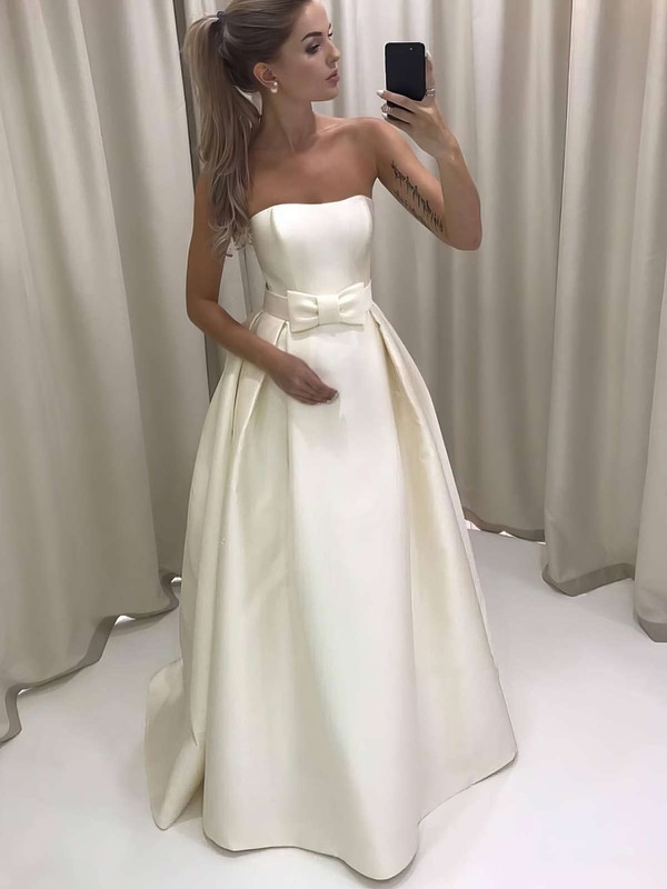A-line Strapless Floor-length Satin Bow Wedding Dresses #PDS00023732