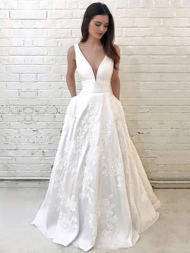 A-line V-neck Floor-length Satin Appliques Lace Wedding Dresses #PDS00023733
