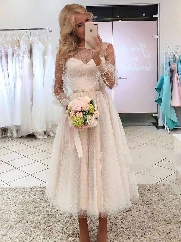 A-line Scoop Neck Ankle-length Tulle Sashes / Ribbons Wedding Dresses #PDS00023736