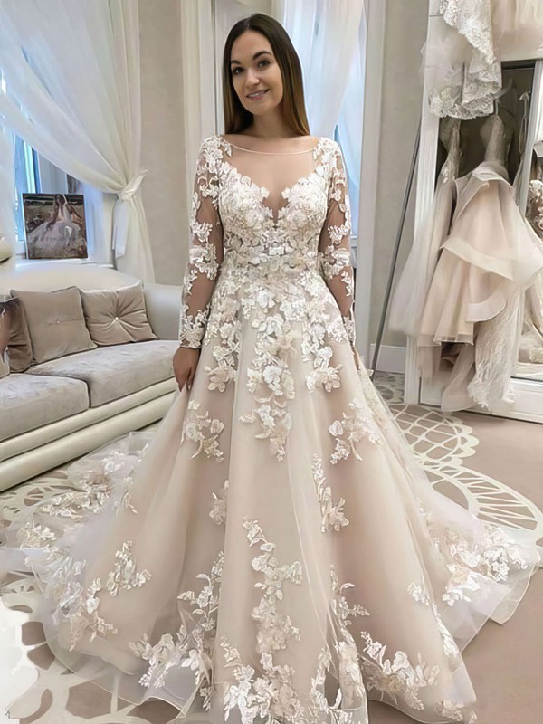 Ball Gown Scoop Neck Court Train Organza Appliques Lace Wedding Dresses #PDS00023737
