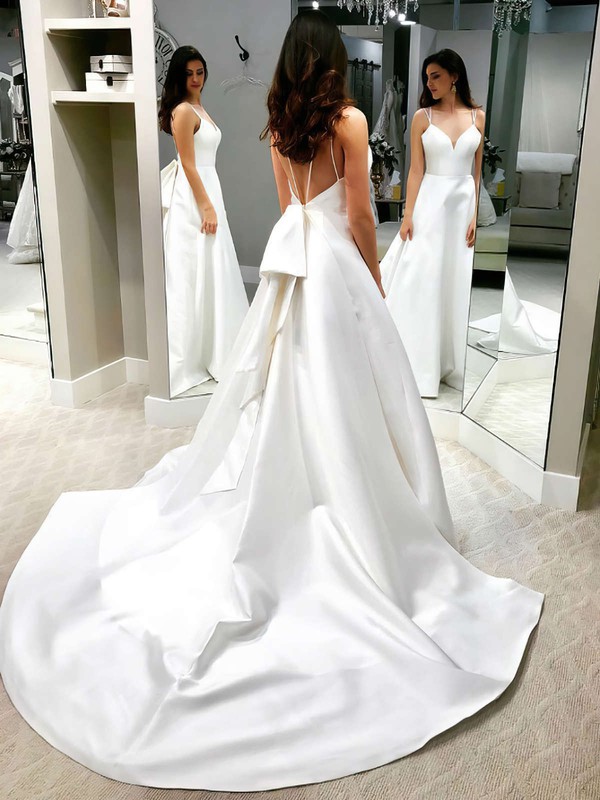 A-line V-neck Court Train Satin Bow Wedding Dresses #PDS00023738