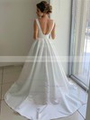 A-line V-neck Sweep Train Satin Bow Wedding Dresses #PDS00023739