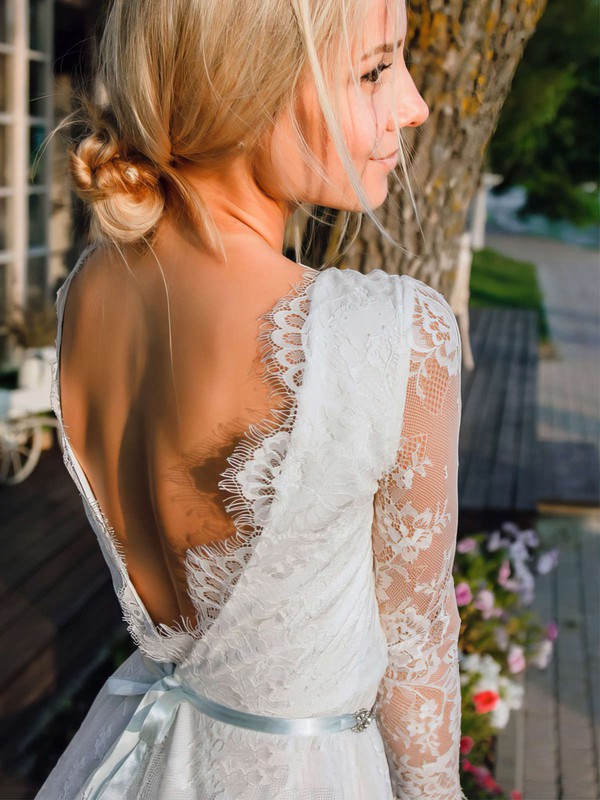 A-line V-neck Short/Mini Lace Sashes / Ribbons Wedding Dresses #PDS00023745