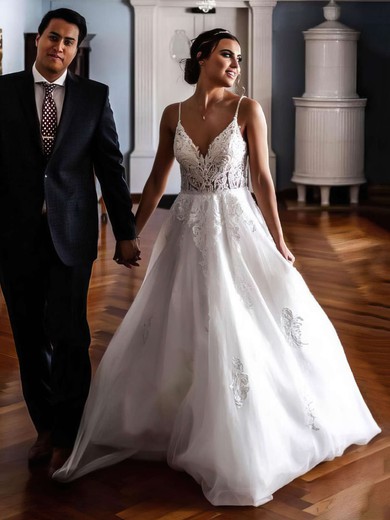 Princess V-neck Sweep Train Tulle Appliques Lace Wedding Dresses #PDS00023748