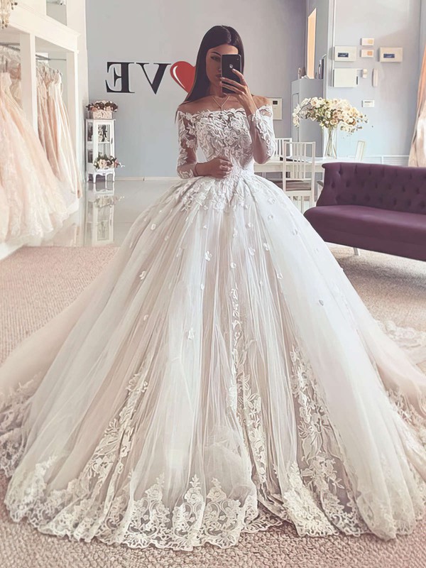 Ball Gown Off-the-shoulder Sweep Train Tulle Appliques Lace Wedding Dresses #PDS00023754