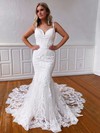Trumpet/Mermaid V-neck Court Train Tulle Appliques Lace Wedding Dresses #PDS00023760