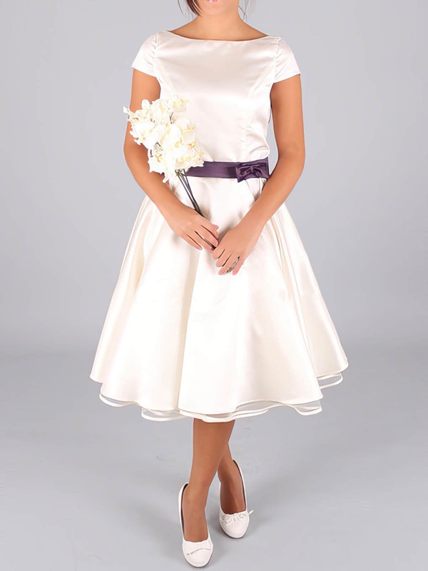 Tea-length Ivory Satin with Sashes/Ribbons Cap Straps Scoop Neck Wedding Dresses #PDS00020633
