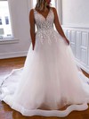 Ball Gown V-neck Sweep Train Tulle Appliques Lace Wedding Dresses #PDS00023761