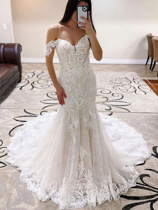 Trumpet/Mermaid Off-the-shoulder Sweep Train Tulle Appliques Lace Wedding Dresses #PDS00023763