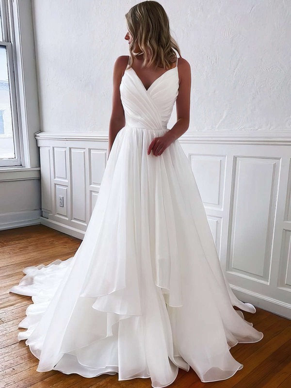 A-line V-neck Sweep Train Organza Ruffles Wedding Dresses #PDS00023765