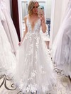 Princess V-neck Sweep Train Tulle Appliques Lace Wedding Dresses #PDS00023766