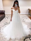 A-line Off-the-shoulder Sweep Train Tulle Wedding Dresses #PDS00023767
