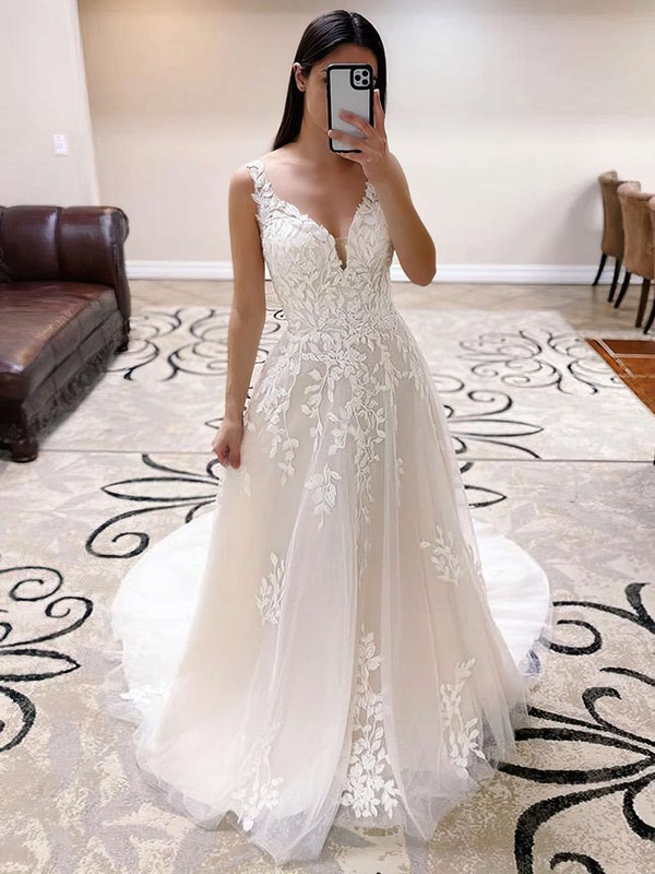 A-line V-neck Sweep Train Tulle Appliques Lace Wedding Dresses #PDS00023768