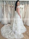A-line V-neck Sweep Train Tulle Appliques Lace Wedding Dresses #PDS00023769