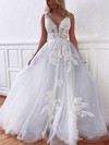 A-line V-neck Floor-length Tulle Appliques Lace Wedding Dresses #PDS00023770