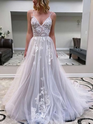 Princess V-neck Sweep Train Tulle Appliques Lace Wedding Dresses #PDS00023771