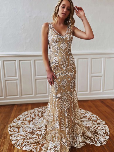 Trumpet/Mermaid V-neck Sweep Train Lace Wedding Dresses #PDS00023772
