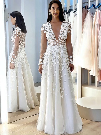 A-line V-neck Floor-length Tulle Flower(s) Wedding Dresses #PDS00023773