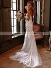 Trumpet/Mermaid V-neck Sweep Train Tulle Appliques Lace Wedding Dresses #PDS00023775