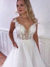 Ball Gown V-neck Court Train Tulle Appliques Lace Wedding Dresses #PDS00023778