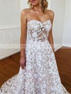 A-line Sweetheart Sweep Train Lace Wedding Dresses #PDS00023779