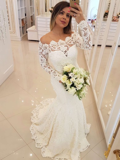 Trumpet/Mermaid Off-the-shoulder Sweep Train Lace Wedding Dresses #PDS00023780
