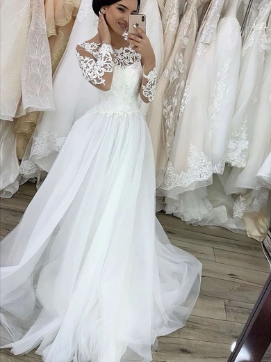 Princess Scoop Neck Sweep Train Tulle Appliques Lace Wedding Dresses #PDS00023782