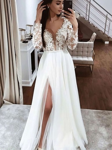 A-line V-neck Floor-length Tulle Appliques Lace Wedding Dresses #PDS00023783