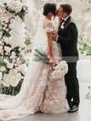 A-line V-neck Sweep Train Tulle Appliques Lace Wedding Dresses #PDS00023784